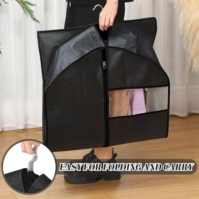 2 Pcs 10" Gusseted Garment Bags for Hanging Clothes Dress Bags for Gowns Long Closet Waterproof Garment Covers Wedding Dress Cover Traveling Clothes Protector (Black,54 Inch)