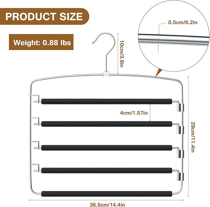 Pants Hangers Space Saving, 2 Pack Anti-Slip Space Saving Hangers, 5 Layer Swing Arm Pants Hanger Stainless Steel with Non-Slip Padding, Closet Organizers & Storage for Pants Trousers Jeans