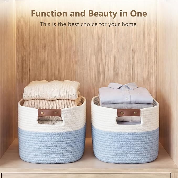 Cotton Rope Basket, Storage Baskets with Handle, 15x10x9 Inch Woven Basket for Shelves, Laundry, Towels, Clothes, Books (White/Blue 2Pack)