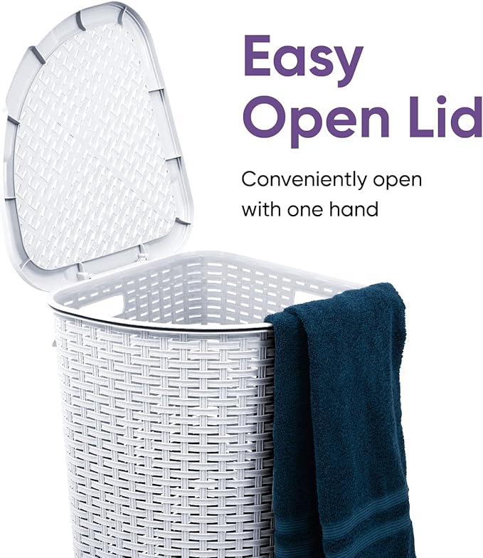 Plastic Corner Laundry Hamper with Lid, Curved Designed Laundry Basket, 2 Pack Triangle White Cloths Hamper Organizer with Cut-out Handles for Laundry Room Bedroom Bathroom, Wicker Design, 50 Liter