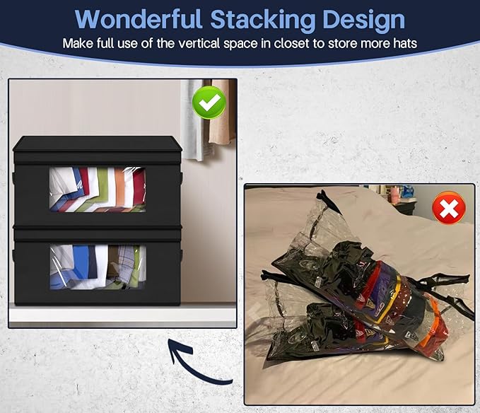 SLEEPING LAMB Stackable Hat Organzier for Baseball Caps, 2 PCS Hat Storage Boxes for Closet Hold 30 Caps with Cardboard, Black