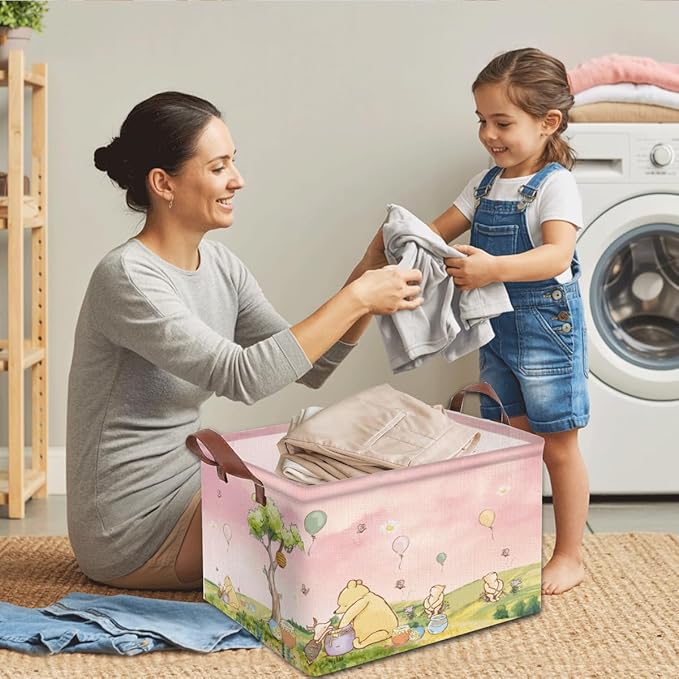 Greatingreat Pink Winnie Foldable Laundry Hamper, Circular Canvas Storage Basket with PE Coating, Collapsible Clothes Organizer for Home, Nursery, and Bedroom