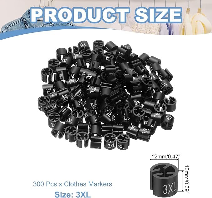 PATIKIL 300 Pcs Clothes Hanger Markers 3XL Fit Rod Garment Size Tag Hanger Clips Round Color Coding Label for Clothing, Black
