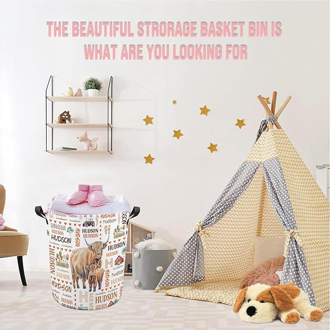 Highland Cow Laundry Basket,Custom Laundry Hamper with Name,Personalized Highland Cow Gifts for Boys Girls,Customize Collapsible Laundry Basket for Bedroom Bathroom,S-16.5"x 13.8"
