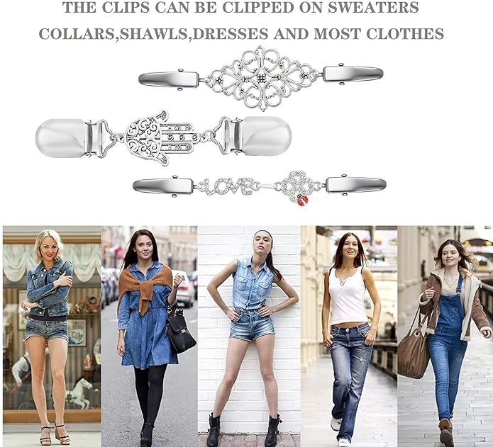 Vintage Sweater Clips Shawl Dresses Shirt Clips Retro Cardigan Collar Chain Clips Brooch Pins for Women