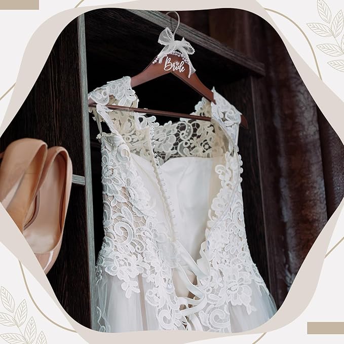 Bride Wedding Dress Pearl Mrs. Hanger with Pearl Ribbon Bow Elegant Wooden Dress Hanger to Be Ideal Keepsake for Wedding Day Gift (Walnut,Bride)