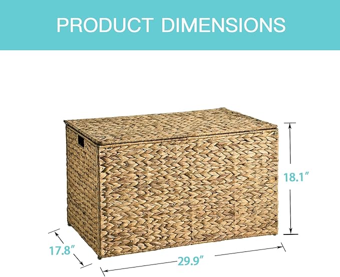 Water Hyacinth Storage Basket with Lid, 42.3 Gallon (160L) Blanket Storage Basket with Handles, Woven Storage Bin, Foldable, Metal Frame, for Bedroom, Laundry Room, Natural