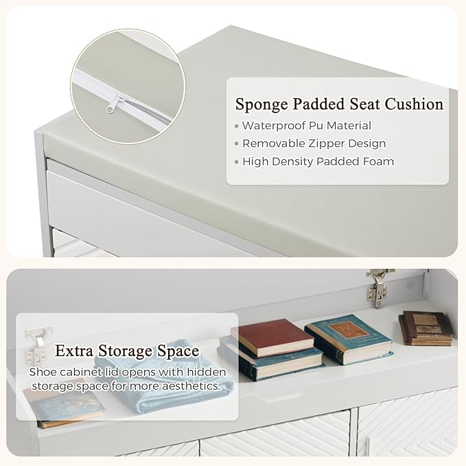 ECOTOUGE Storage Bench, Shoe Bench with Lift Top Storage, Wooden Entryway Bench with Cushioned Seat, Adjustable Shelf for Living Room, Bedroom, Hallway, Light Grey