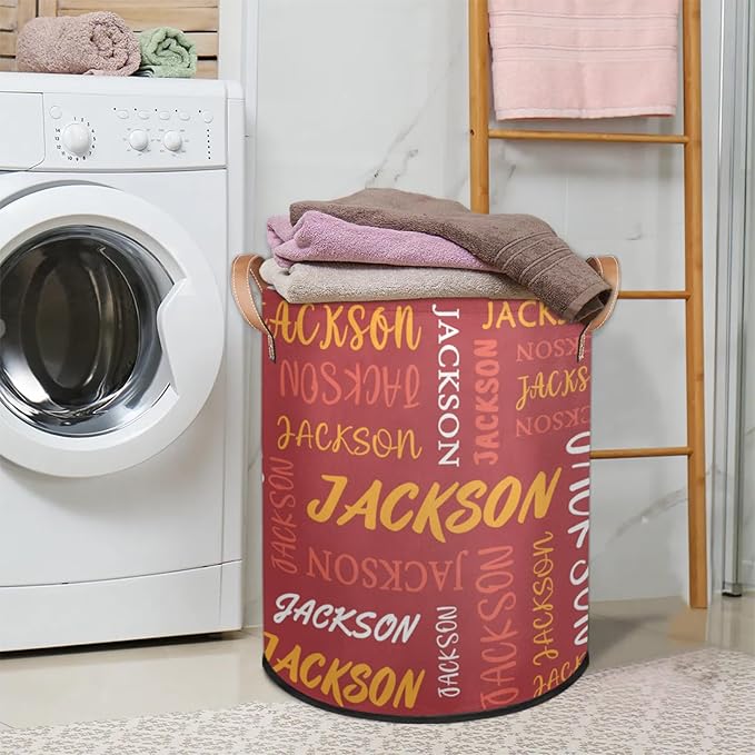 Custom Name Large Laundry-Basket for Kids-Boys-Girls, Personalized Foldable Waterproof Laundry Hamper Dirty Clothes Toys Storage Bin with Handles,Red