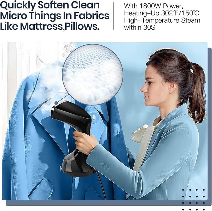 Steamer Iron for Clothes 1800W, Zorslesy Fast Heat Up Hand Clothing Garment Steamer, Portable Handheld Travel Fabric Steamer Plancha de Ropa a Vapor with 300ml Water Tank for Cleaning