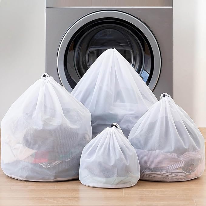 Mesh Laundry Bags with Adjustable Single Shoulder Straps Sturdy Nylon Material Laundry Liners with Drawstring Closure for College, Dorm and Apartment(4PCS-M,L,XL,XXL)
