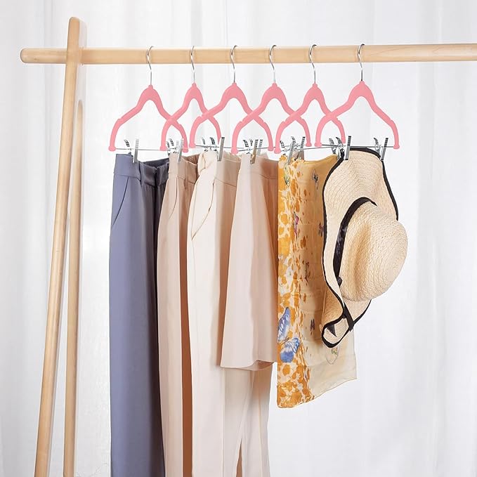 VECELO 20 Pack Velvet Clothes Hangers with Adjustable Clips,Heavy-Duty Non Slip & Space-Saving with 1 Magic Hangers & 2 Tie Rack for Suit Coat Pants Skirt Dresses