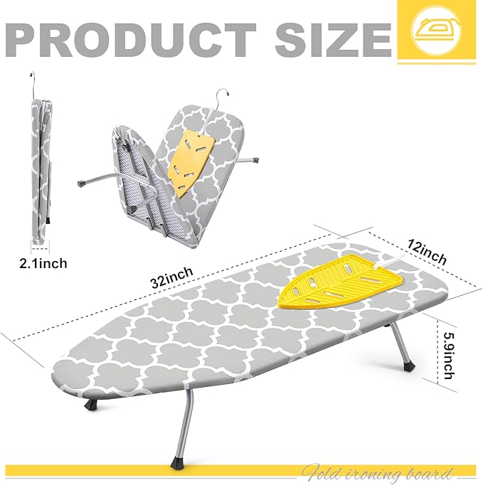 Chunful Portable Tabletop Ironing Board, Foldable Small Compact Ironing Board with Mat & Hook for Hanging Travel Mini Iron Non Slip Feet Table Storage for Dorm Space, 32 x 12 in(Fresh,Light Gray)