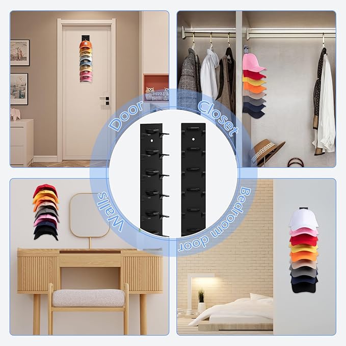Hat Organizer for Baseball Caps, 2 Pack Hat Rack for Wall Hold up to 18 Hats Strong Adhesive Hat Hooks Stand Multilayer Hat Hanger Organizer Storage Holder Display for Door Closet Bedroom