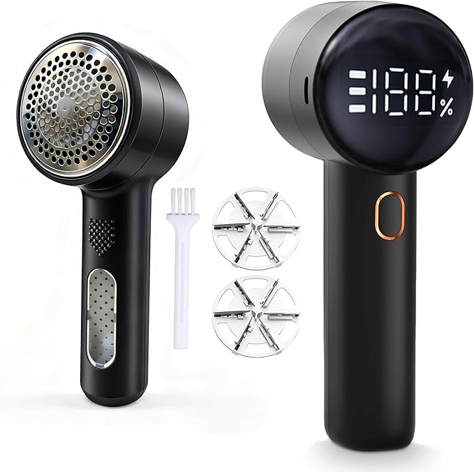 Fabric Shaver, Electric Lint Remover Rechargeable with 2 Replaceable Blades, 3 Speeds, Digital LED Display to Remove Pilling for Clothes, Furniture, Sweater, Couch, Blanket (Black)