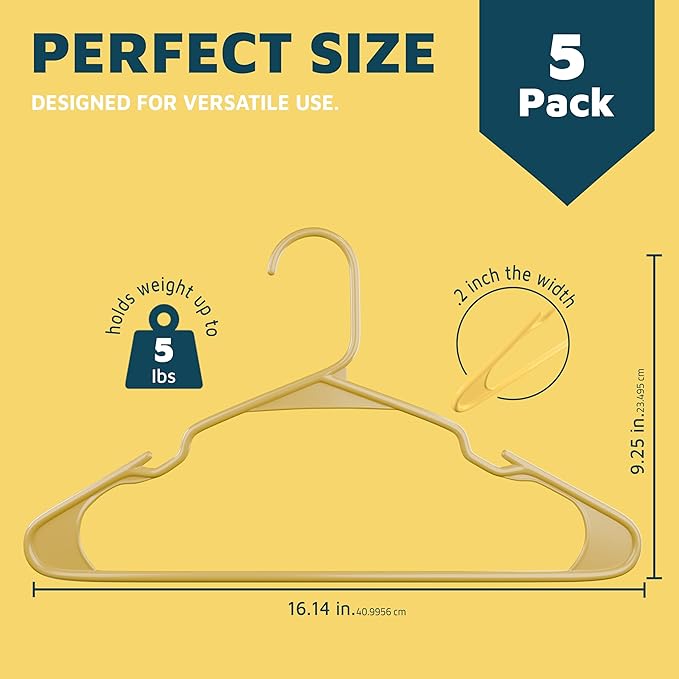 Lifemaster Plastic Clothes Hangers – Heavy Duty Hanger Set, for Organizing Clothes, Dresses, and Coat, Holds Up to 5 lbs, Space-Saving Hangers with Non-Slip Shoulder Grooves, Pack of 5, Yellow