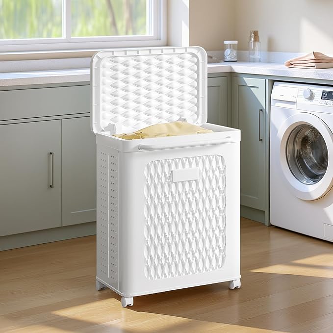 VECELO Rolling Storage Bins with Lid, Plastic Organizers Cart with Wheels & Handle, Foldable Storage Containers for Laundry, Bathroom, Bedroom, 19.3" x 13.8" x 25.0", White