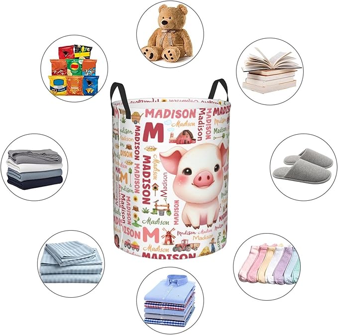 Personalized Farm Pig Laundry Basket For Baby Kids Boys Girls Adult Custom Hamper Basket With Name For Bathroom Bedrooms Collapsible Baby Laundry Basket, Dirty Clothes Hamper With Handles