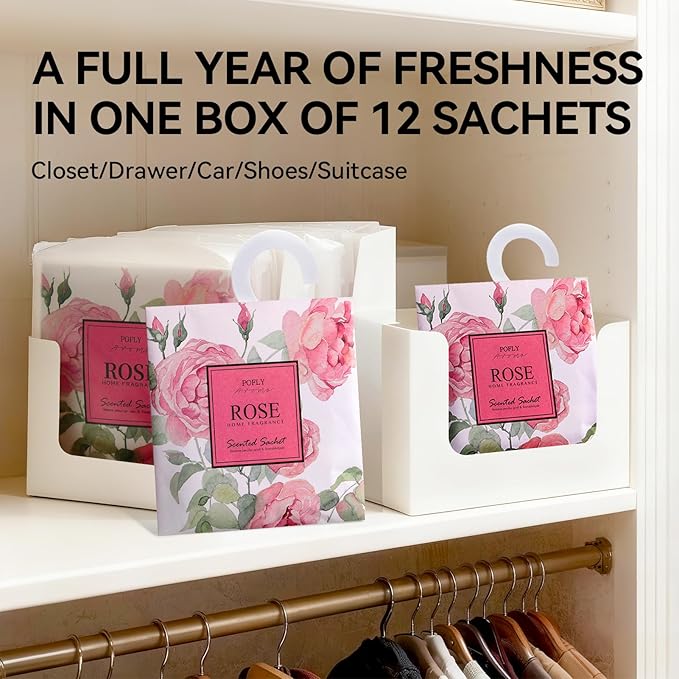 12 Pack Large Rose Scented Sachets – Hanging Closet & Drawer Deodorizer & Air Freshener, Long-Lasting Aroma