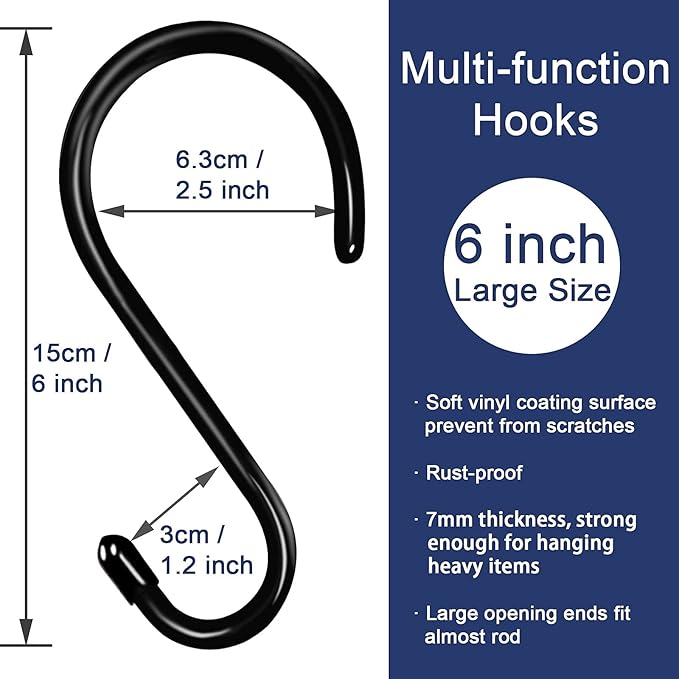 HiGift 6 Inch Large S Hooks for Hanging Plants, Non Slip Vinyl Coated S Hooks Heavy Duty, Metal Black Closet Hanger Hooks for Hanging Plant Jeans Pot Pan Clothes Purses Towel Bags Scarfs- 8 Pack