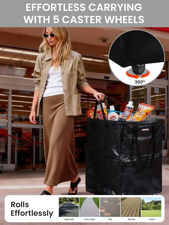 WORKPRO Large Rolling Grocery Bag, 36-Gallon Tote with 5 Wheels, 110 lbs Capacity, Dual Carry, Wide Zipper & Extra Storage for Shopping, Laundry & Moving