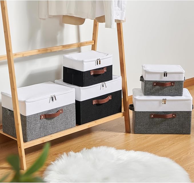 2 Pack Storage Boxes with Zipper Lid Cotton Linen Fabric Lidded Storage Bins Baskets Foldable Washable Closet Shelf Clothes Organizer Container Faux Leather Handles (Black White, Large)