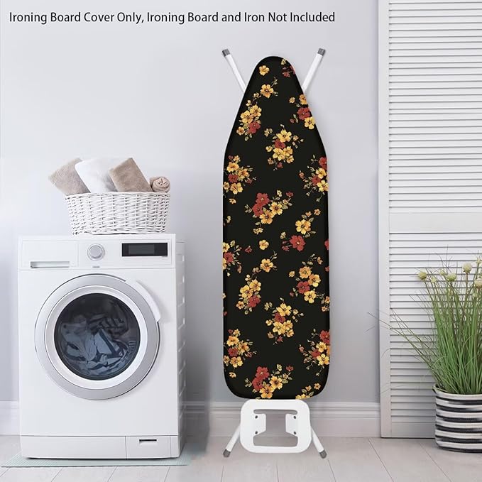 Floral Ironing Board Cover Elastic Edge, Black Heavy Duty Iron Pad Covers Standard Boards Lightweight Full Size Scorch Resistant Padding