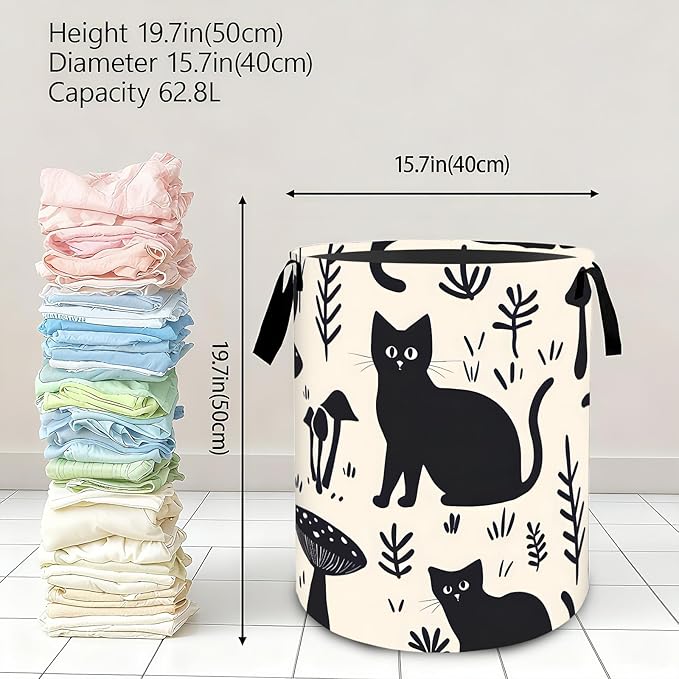 Cute Cat Laundry Basket,Dirty Clothes Hamper,Black Kitten and Mushroom Storage Bin,Pet Lovers Gifts,Foldable Waterproof Oxford Cloth Baskets for Bathroom,Bedroom,Home Decoration(19.7" x 15.8")