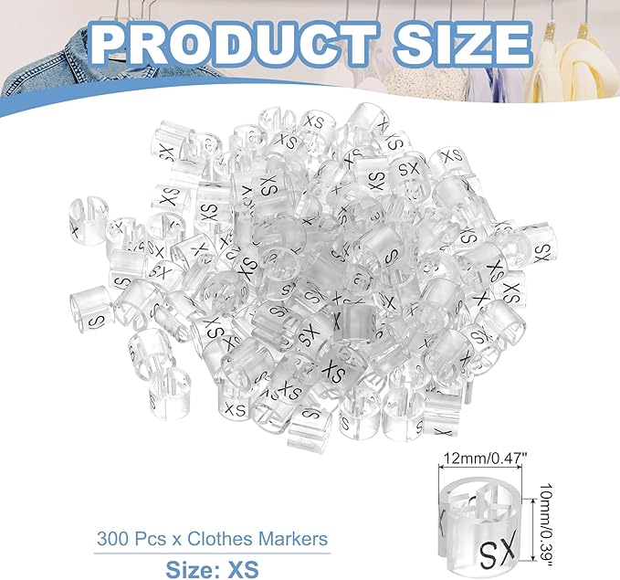 PATIKIL 300 Pcs Clothes Hanger Markers XS Fit Rod Garment Size Tag Hanger Clips Round Color Coding Label for Clothing, Clear