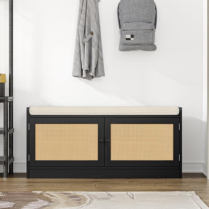Anmytek Rattan Shoe Bench, Entryway Bench with Shoe Storage Wooden Shoe Rack Bench with Cushion Seat & Adjustable Shelves, Storage Bench for Entryway Black (39.8" W X 15.7" D X 18" H)