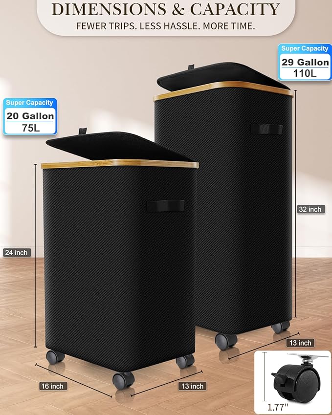 Laundry Hamper with Wheels, 75L Large Clothes Hamper with Removable Inner Bag, Collapsible Dirty Clothes Basket for Dorm, Rolling Dirty Clothes Basket for, Bedroom, Bathroom, Laundry Room