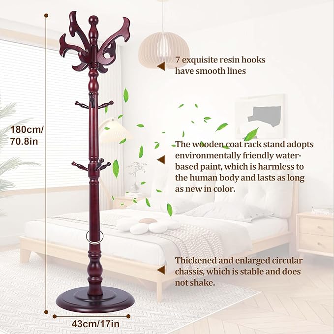 73”Vintage Wooden Coat Rack，With 14 Hooks and Sturdy Round Base.Sturdy and Durable Standing Coat Racks，Adjustable Wooden Freestanding Coat Rack for Porch，Bedrooms (Mahogany) (fishtail, 1 PCS)