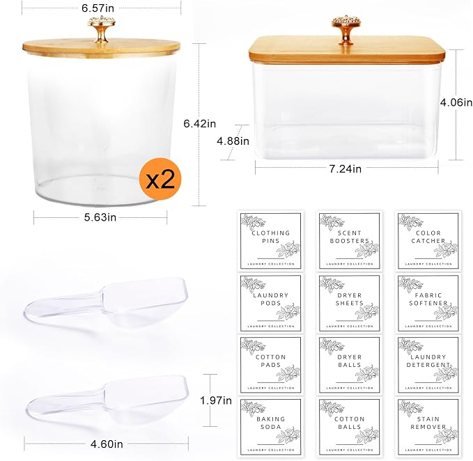 3 Pack Laundry Room Organization Storage Containers Acrylic Jars and Dryer Sheet Holder with Lids and Labels for Laundry Detergent Laundry Pods Containers Dry Sheet Organizing