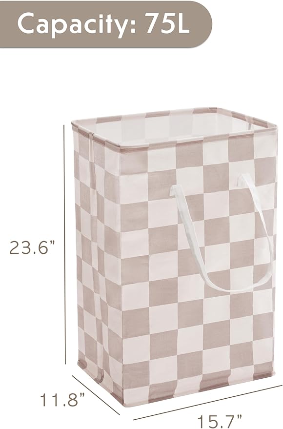 Checkered Laundry Hamper, Pack of 2, Large Beige Khaki Collapsible Cloth Hampers Basket for Storage Organization Cute Aesthetic, 2 x 75L
