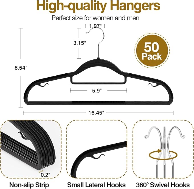 Plastic Hangers 50 Pack, Heavy Duty Clothes Hangers with 360° Swivel Hook, Non-Slip Bar & 0.2" Ultra-Slim Space-Saving Closet Organizers for Coats, Pants, Suits, Shirts, Black