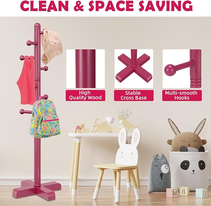 Coat Rack, Freestanding Coat Racks with 8 Hooks 2 Adjustable Height, Tree Coat Rack for Bedroom, Hallway, Entrance, Office, Hats, Handbags,Purse (Dark-Rose)