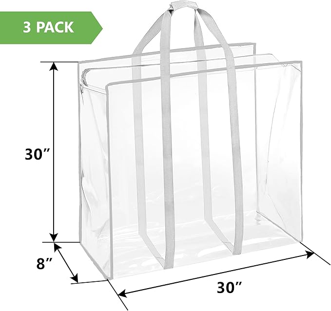 ProPik Clear Storage Bag Gift Wrap Clothes Organizer Big Zippered Christmas Decorations Storage Vinyl Bag for Under Bed Moving Bedding Linen Pillow Blanket Cloth Bag Reinforced Handles (White, 3)