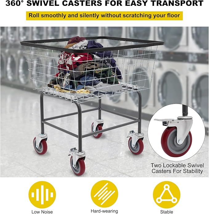 135L Wire Laundry Cart w/Wheels, Rolling Laundry Basket, Commercial Basket Carts for Laundry Room, Hotel, Home, Apartment Use, Durable Steel Frame with Galvanized Finish, 5" Casters