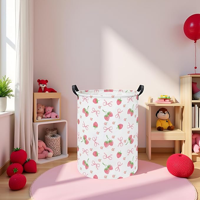 Baby Laundry Hamper kids laundry Basket Waterproof Storage Bin for Bedroom Toy Clothes Organizer Basket Woodland Animals Room Décor(Bowknot Strawberry)