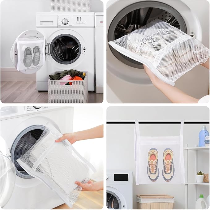 Shoe Washing Machine Bag, Shoe Laundry Bag for Washer and Dryer, Include Dry Net Bag, Reusable and Durable Zipper with Hook Design, Shoe Washing Bag for Sneaker (Green, 2 Pack)