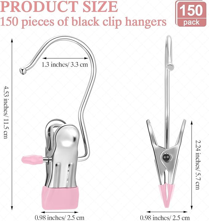 150 Pcs Boot Hangers Clips Laundry Hooks Hanging Stainless Steel Clothes Pins Portable Clip Hangers for Closet Travel Socks Pants Handbags Hats Towels (Pink)