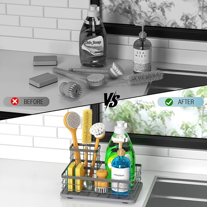 Kitchen Sink Caddy Organizer, [Stay-Dry Anywhere & No Drainage Needed] Sponge Holder for Kitchen Sink Countertop,Stainless Steel with Rust-Resistant Coating-10.24" L x 6.5" W x 5.83" H