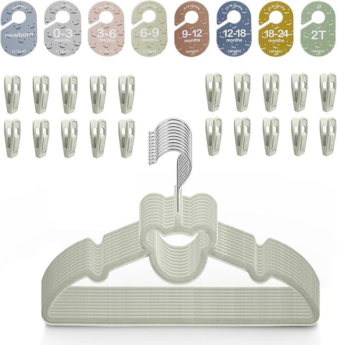 Velvet Baby Hangers with Clips – Organize Baby Clothes by Age with Size Dividers – Save Closet Space for Newborn to Toddler Outfits – Perfect Nursery Must-Have (Moonstone)