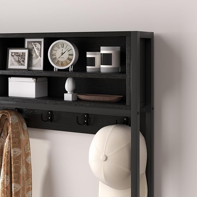 HOMCOM Hall Tree with Bench and Shoe Storage, 5-in-1 Entryway Bench with Coat Rack, 3 Storage Compartments, 5 Coat Hooks, 2 Fabric Drawers, Distressed Black