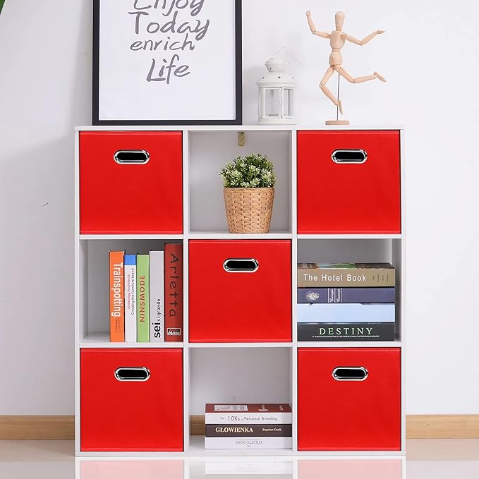 Fabric storage bins Cubes, Fabric Cube Organizer with Handle, Foldable Cube Bins for Cloth or Accessary Storage, 11x11x11, Set of 3, (Red)