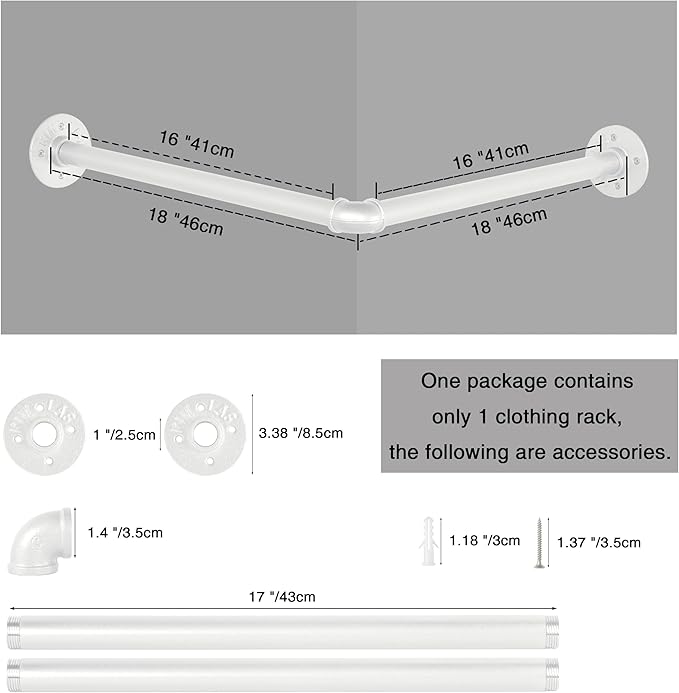 AddGrace Industrial Pipe Garment Rack Iron Wall Mounted Right Angle Corner Clothing Rack with Screws DIY Home Storage Display (White) 18.1"