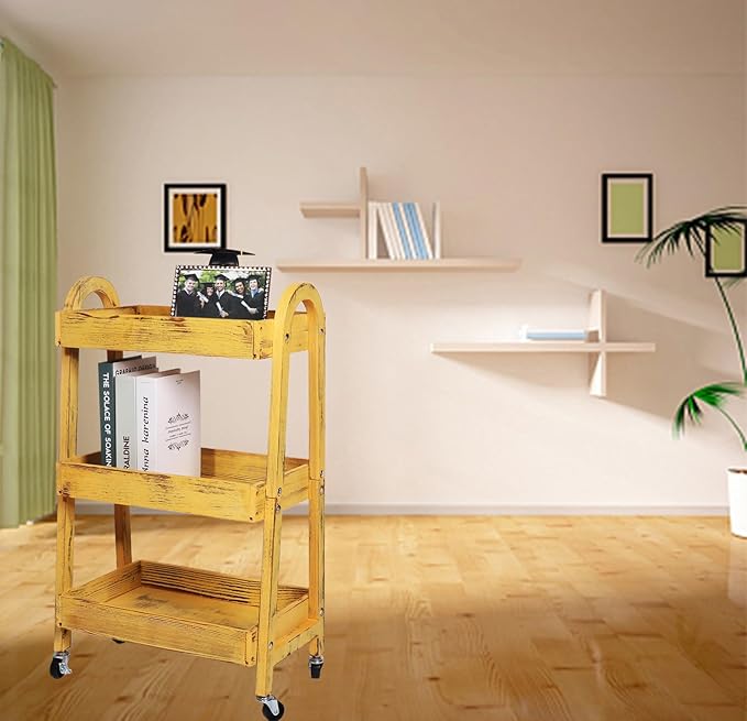 3-Tier Wooden Rolling Cart- Wooden Utility Cart wit Wheels- Utility Rolling Cart-Storage Trolley Organizer- Rolling Kitchen Serving Cart for Office,Kitchen, Kids' Room (Retro Yellow)