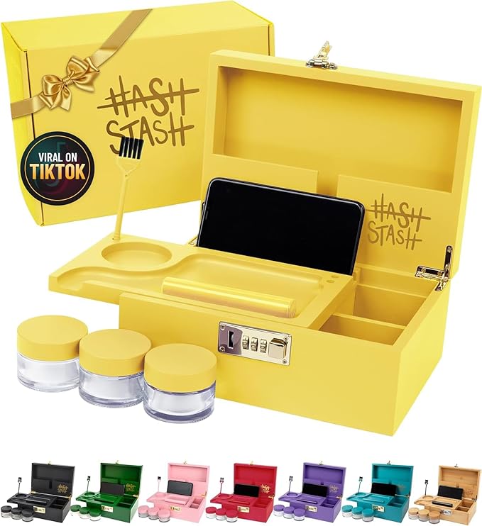 HASHSTASH The OG Storage Box - Large Bamboo Box with Combination Lock, Magnetic Lid, Organizer Tray, Airtight Tube and 3 Jars - Discreet Decorative Locking Wooden Box with Accessories (Yellow/Gold)