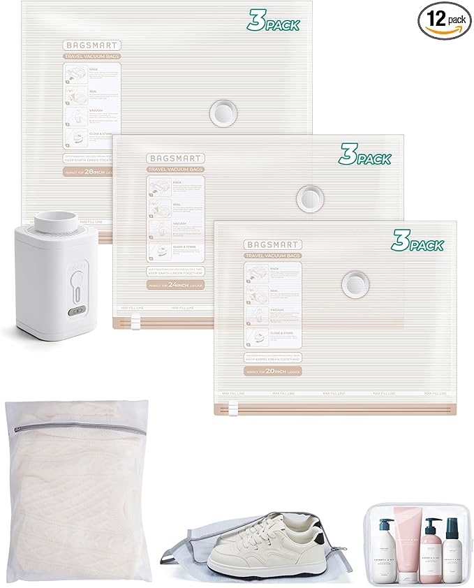 BAGSMART Vacuum Storage Bags for Travel with Rechargeable Air Pump, Portable Space Saver Bags for Travel & Home, Vacuum Compression Seal Bag for Clothing, Blanket, 12 Pack Khaki Brown
