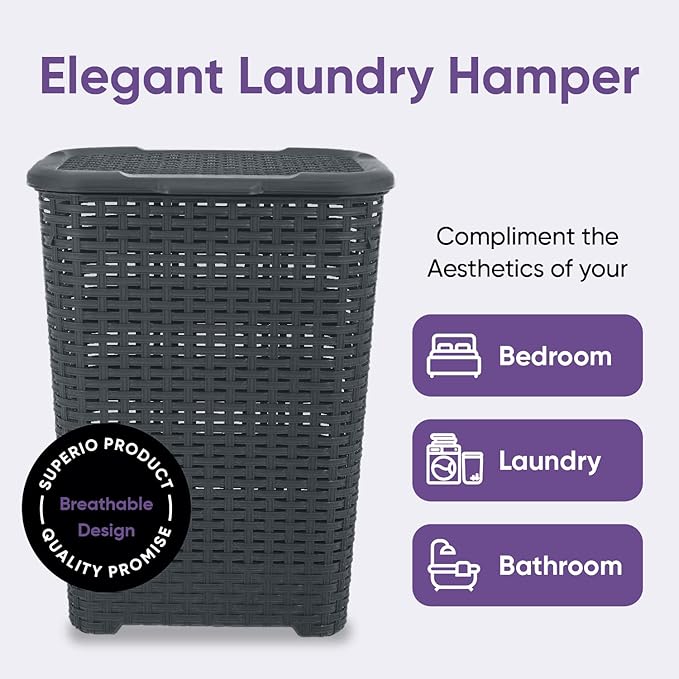 Plastic Laundry Hamper with Lid Laundry Hamper Basket, Grey Tall Cloths Hamper Organizer with Cut-out Handles. Space Saving for Laundry Room Bedroom Bathroom, Wicker Design 60 Liter